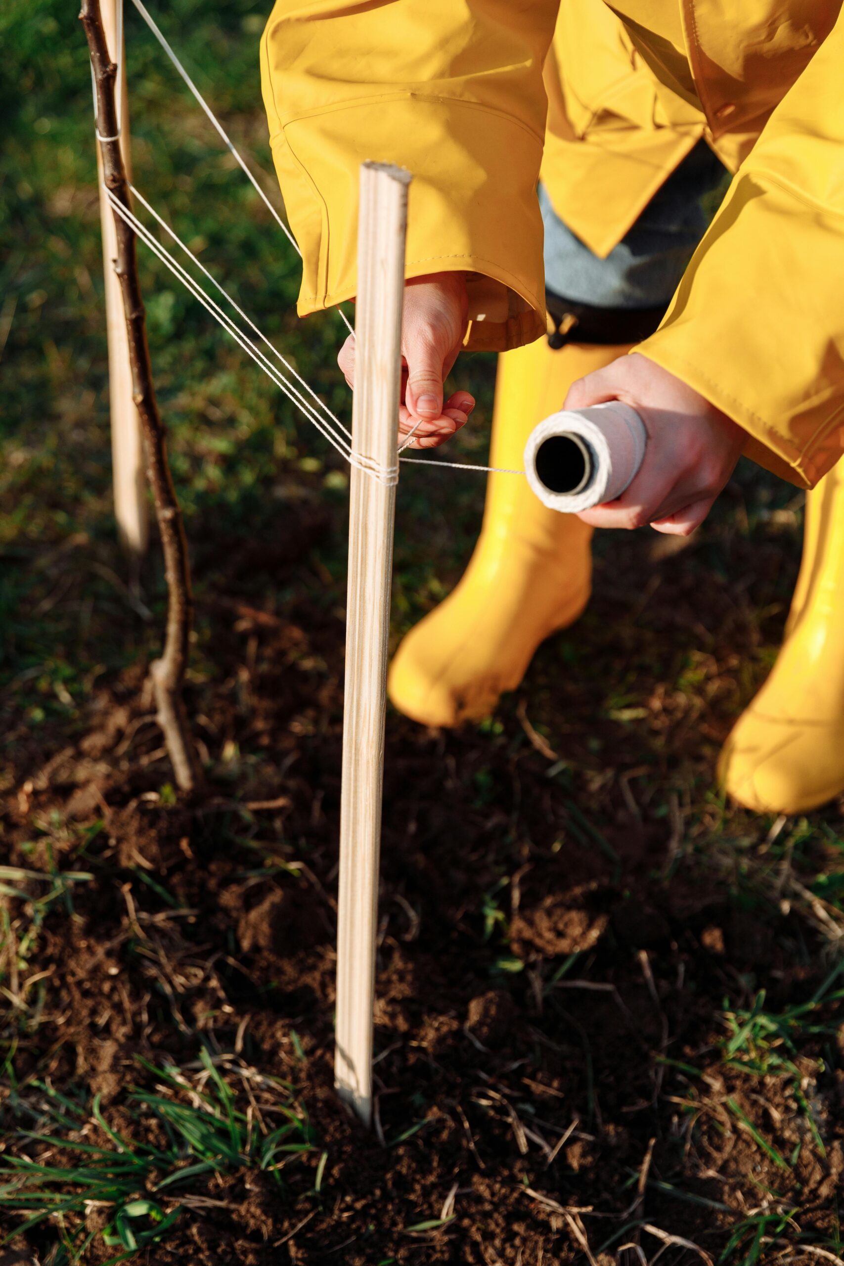 A person in yellow raincoat and boots ties a sapling to a stake in a garden.